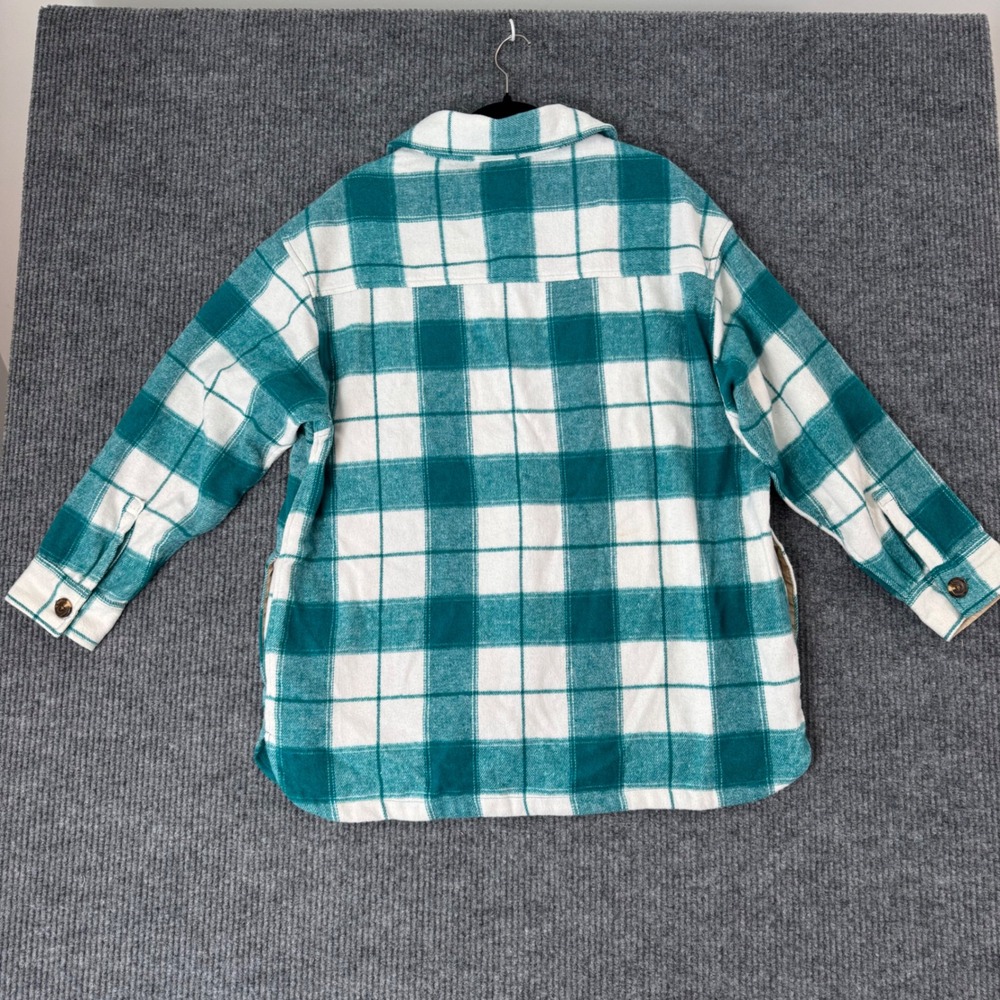 Women L Plaid Flannel Shacket Green White Oversized Button Up Grunge Cottagecore - Picture 3 of 9